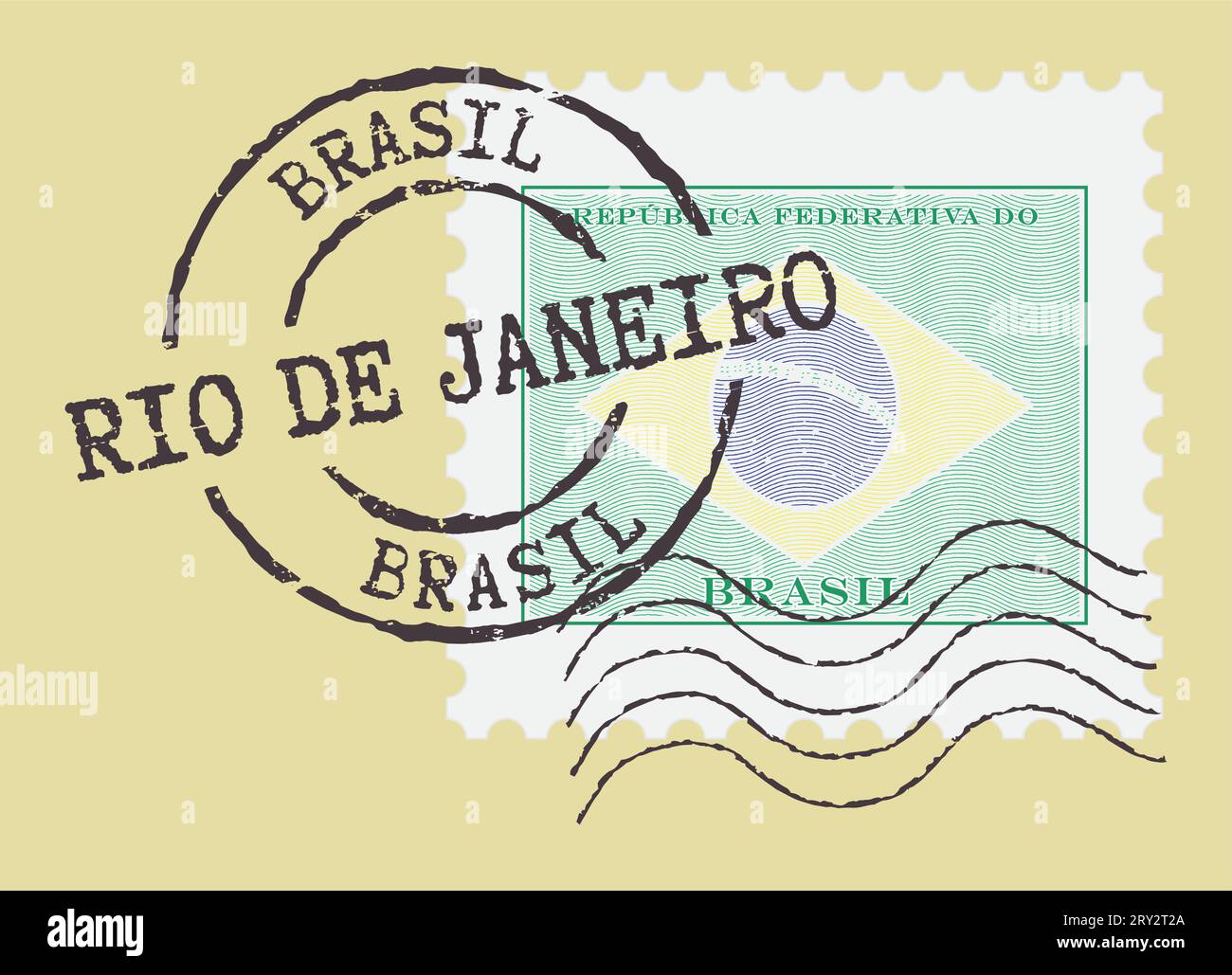Francobolli postali con simboli "Rio de Janeiro - Brasile". Bandiera brasiliana (incisa, effetto taglio legno). Illustrazione Vettoriale