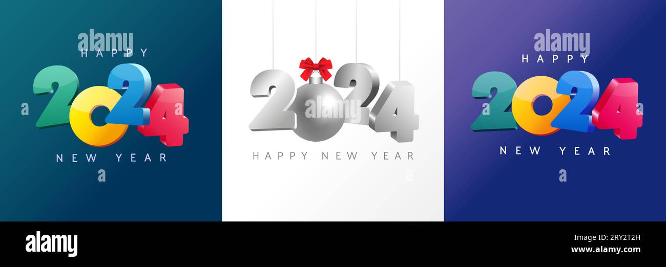 2024 concetto di benvenuto con modello quadrato felice anno nuovo con numero appeso in 3d e pallone di Natale. Concetti di saluto per il biglietto di Capodanno 2024 o il post Web Illustrazione Vettoriale