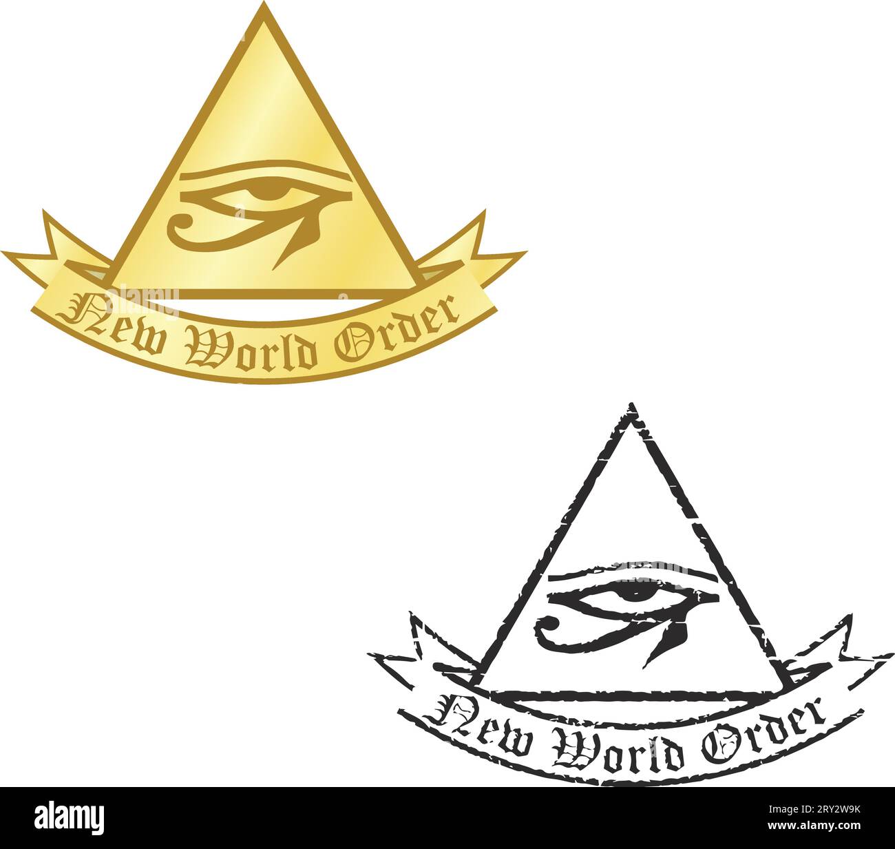 Due segni occulti (dorati e neri). Occhio di Horus in un triangolo con nastro (nuovo ordine Mondiale) Illustrazione Vettoriale