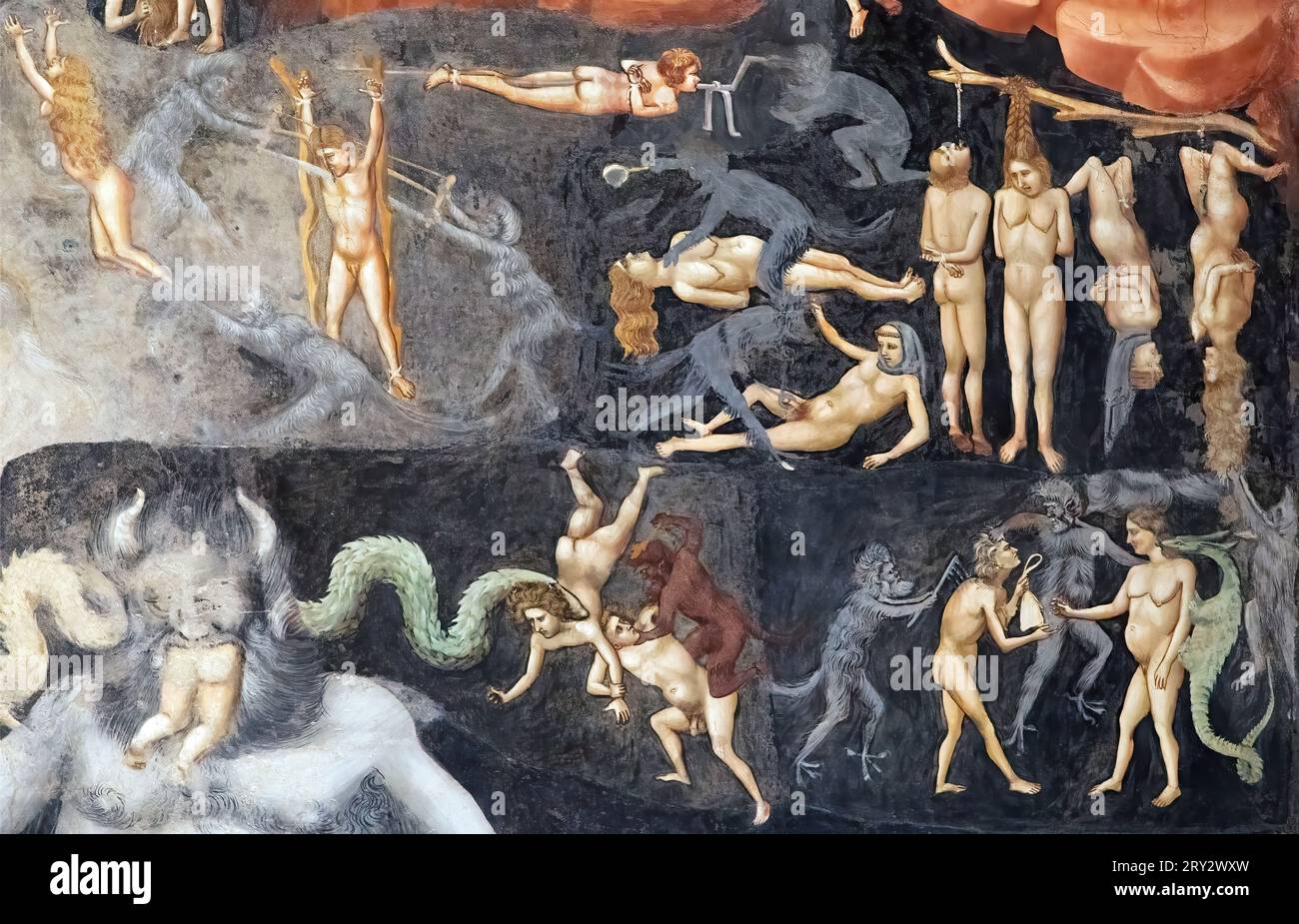 I demoni puniscono le anime durante il giudizio universale di Giotto nella Cappella degli Scrovegni, Padova Foto Stock