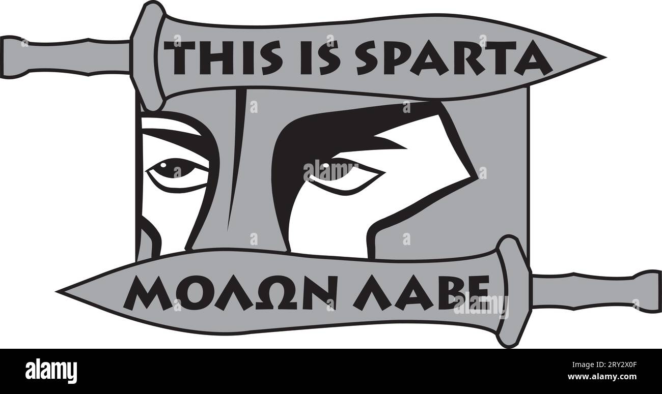 Capo di un soldato spartano con un casco e due spade. Due iscrizioni in lingua inglese e greca: "This is Sparta" e "come and take it”. Illustrazione Vettoriale