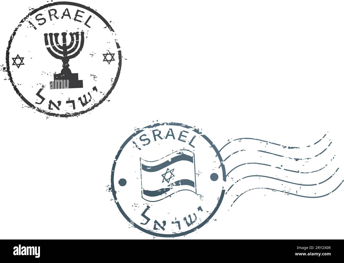 Due francobolli grunge postali "Israele”. Iscrizione in inglese ed ebraico. Illustrazione Vettoriale