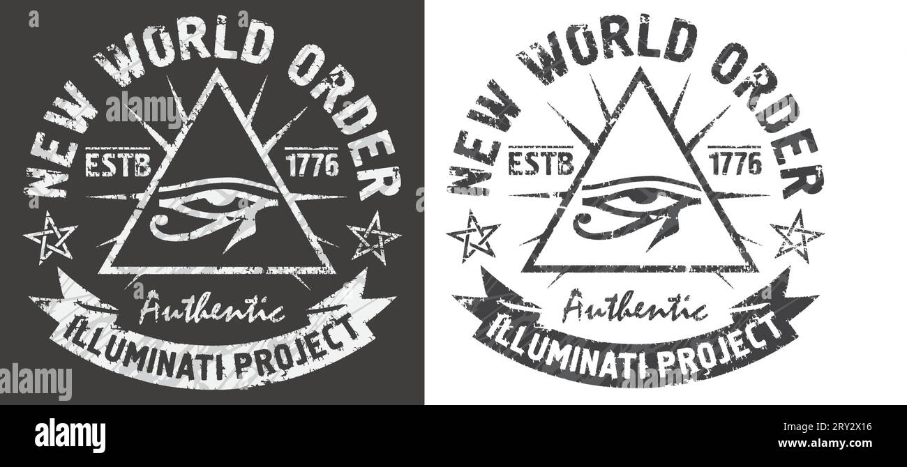 Opere d'arte "New World Order" per t-shirt e poster. Tutti vedono l'occhio di Horus in un triangolo. Illustrazione Vettoriale