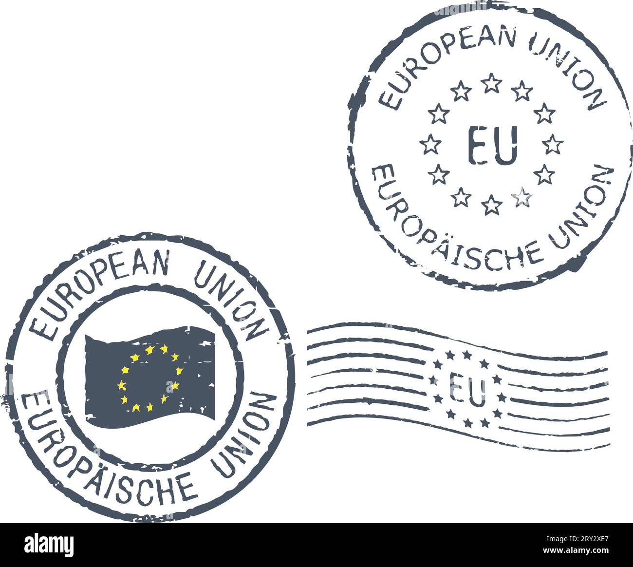 Serie di francobolli grunge postali "Unione europea”. Iscrizione in inglese e tedesco. Illustrazione Vettoriale