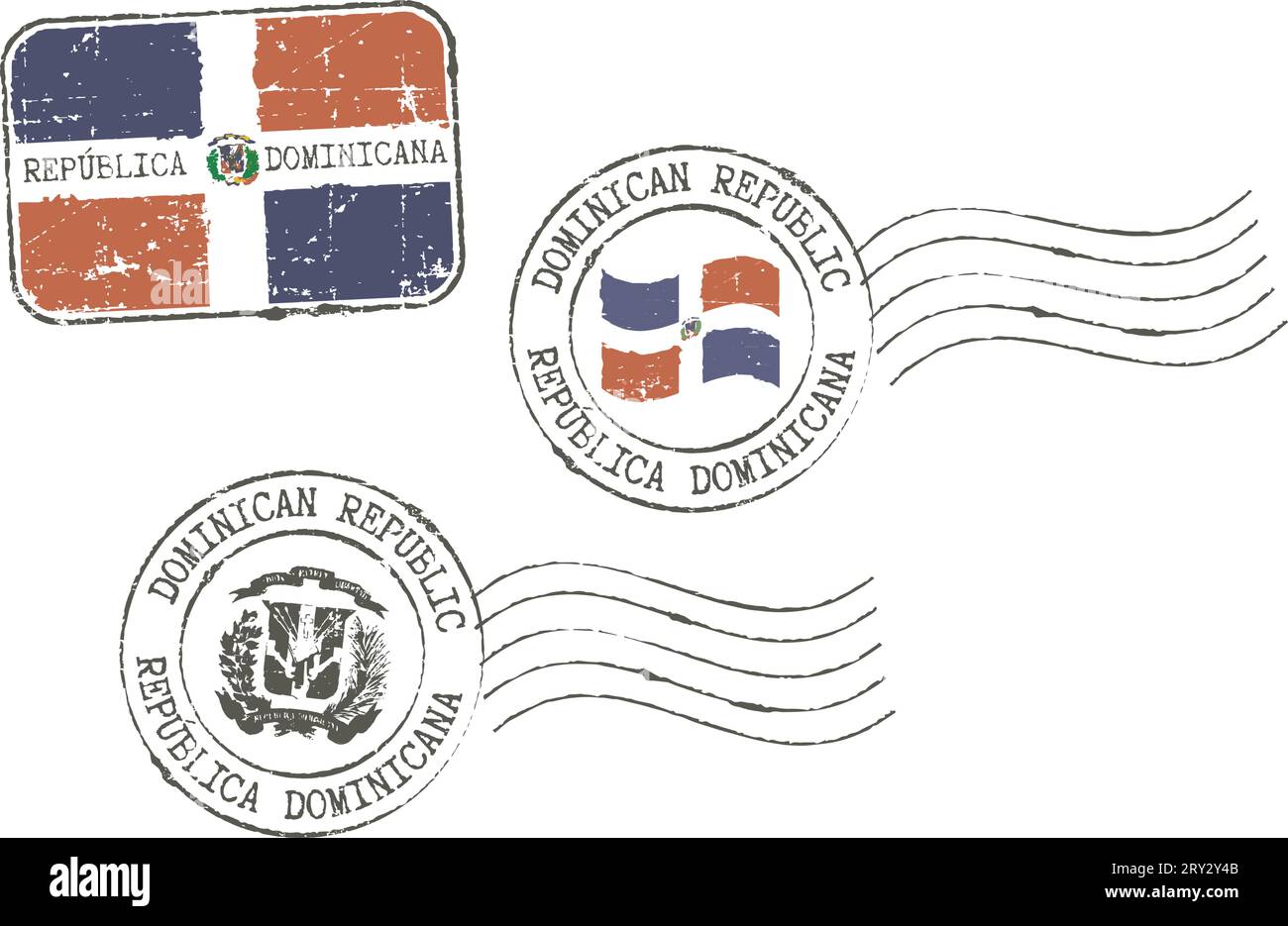 Serie di francobolli postali grunge ''repubblica Dominicana''. Iscrizione in inglese e spagnolo Illustrazione Vettoriale