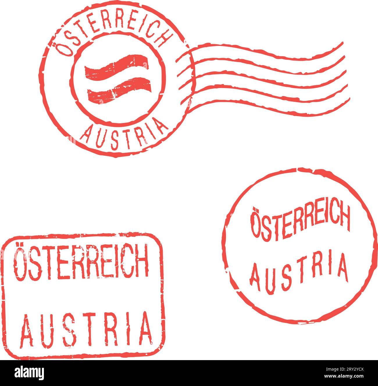 Francobolli rossi "AUSTRIA". Iscrizione in inglese e tedesco. Illustrazione Vettoriale