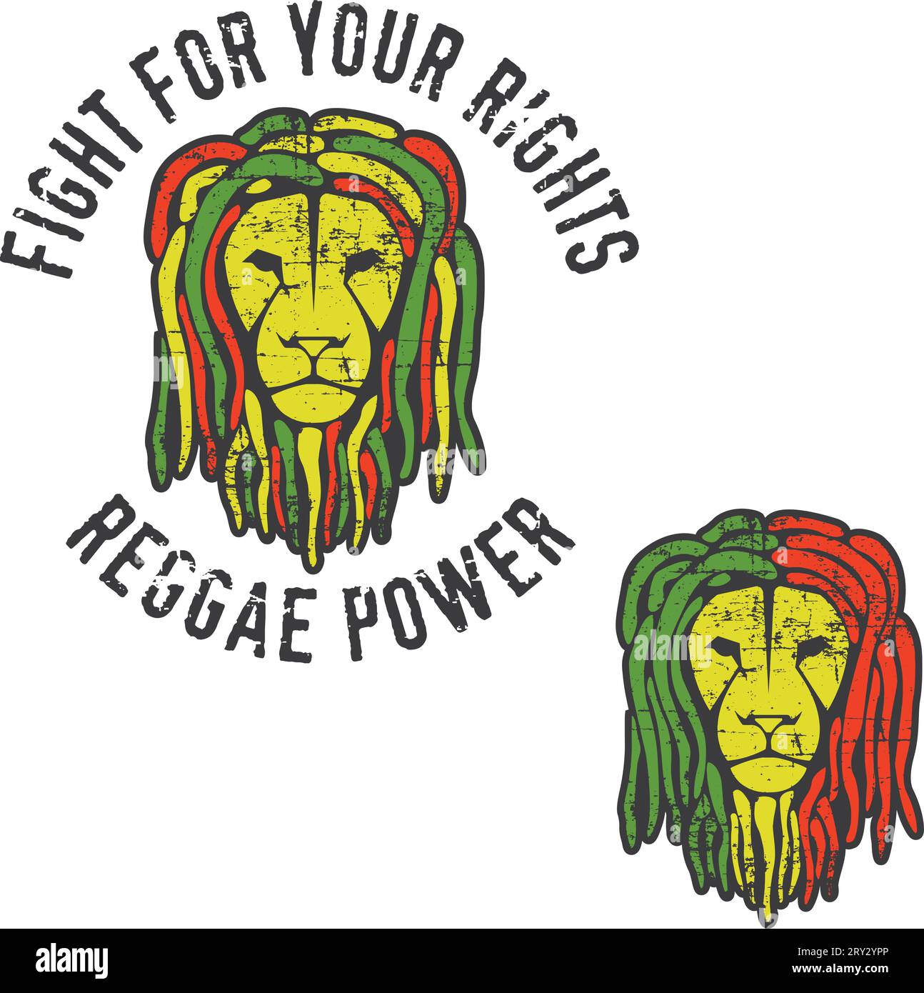 Due teste di leone reggae con dreadlock (colori della bandiera reggae). Grafica per t-shirt, poster... Illustrazione Vettoriale