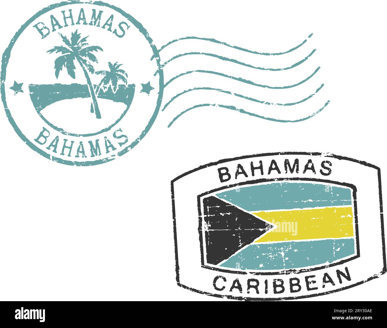 Due francobolli grunge postali "Bahamas-Caribbean". Sfondo bianco. Illustrazione Vettoriale