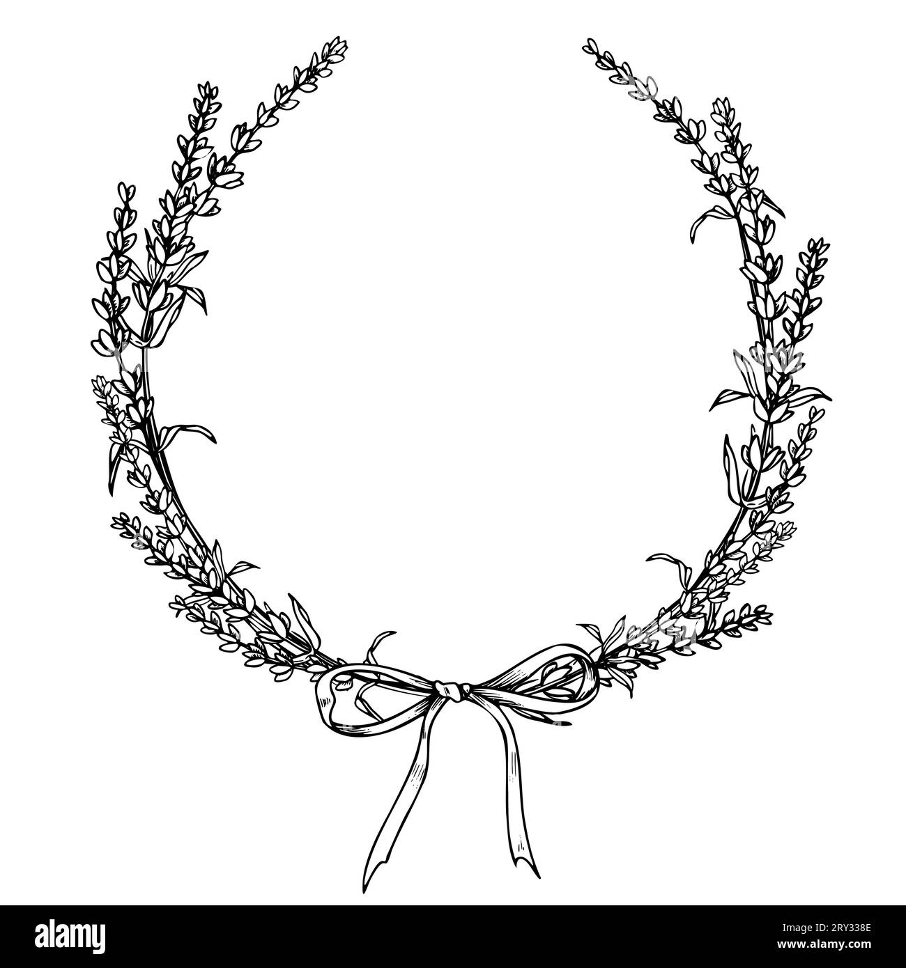Lavender Wreath. Illustrazione vettoriale disegnata a mano della cornice floreale rotonda con nastro su sfondo isolato per biglietti di auguri o inviti di nozze. Modello inciso per cartoline o logo. Line art. Illustrazione Vettoriale