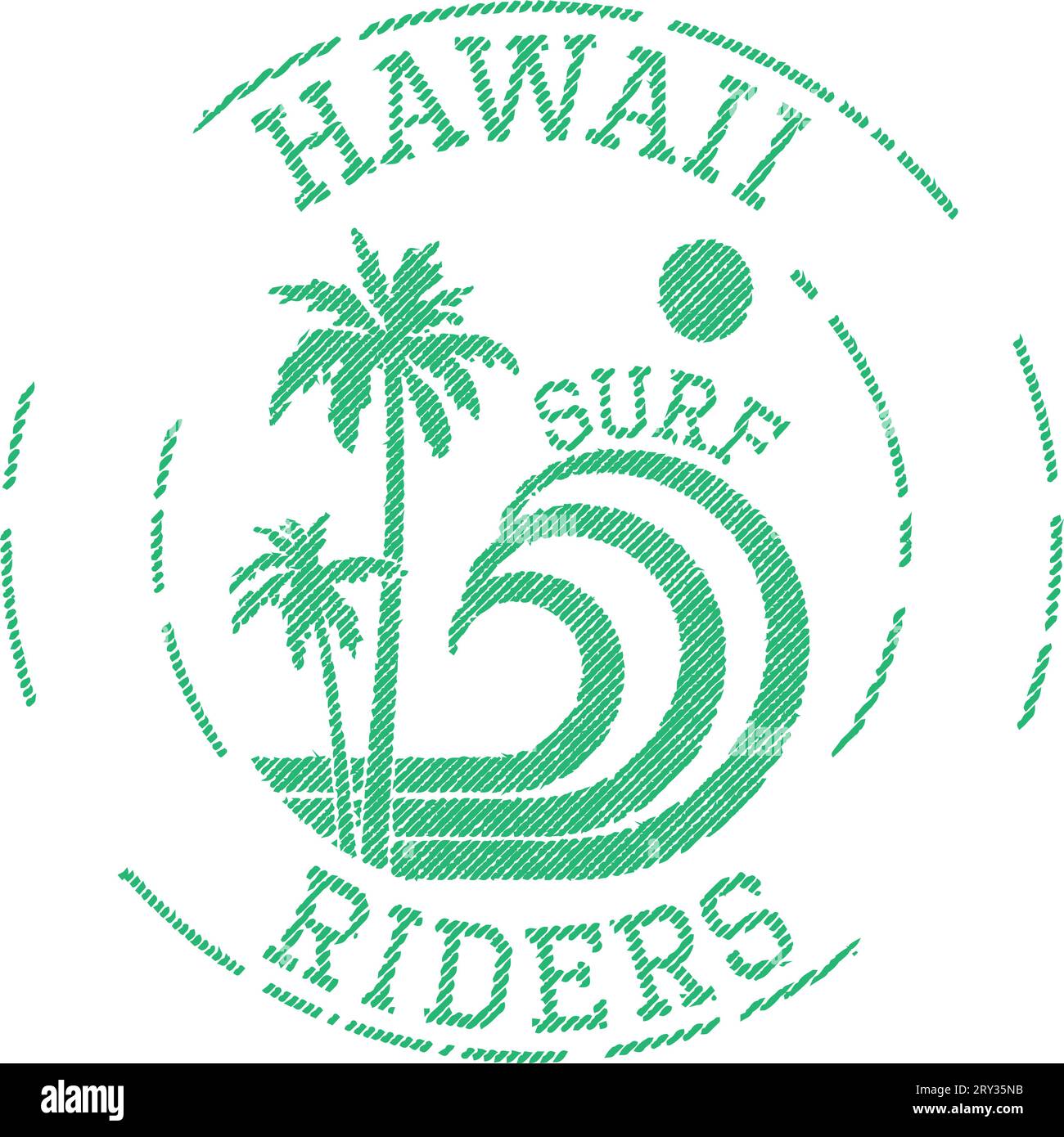 Grafica con francobollo "Hawaii Surf Riders" per t-shirt, poster... Illustrazione Vettoriale