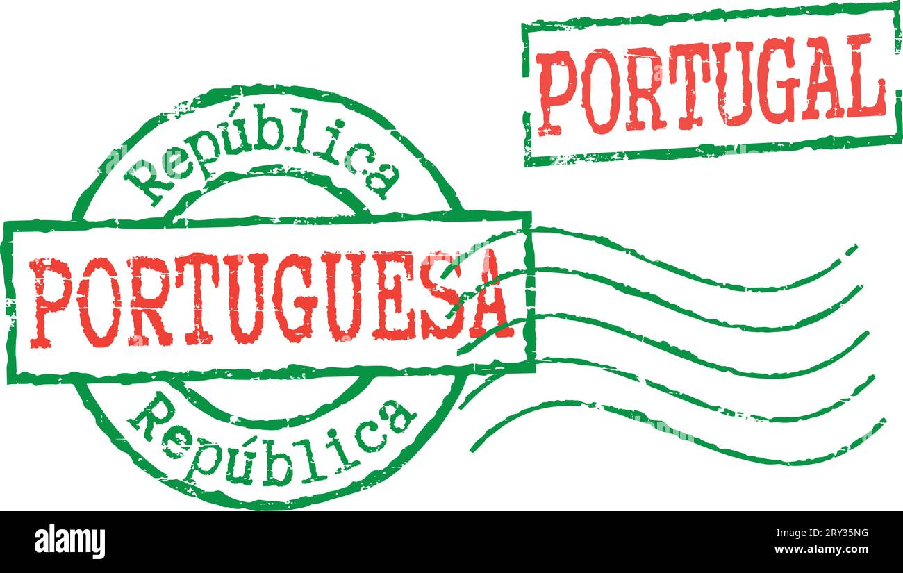 Due francobolli postali portoghesi. Texture grunge. Sfondo bianco. Illustrazione Vettoriale