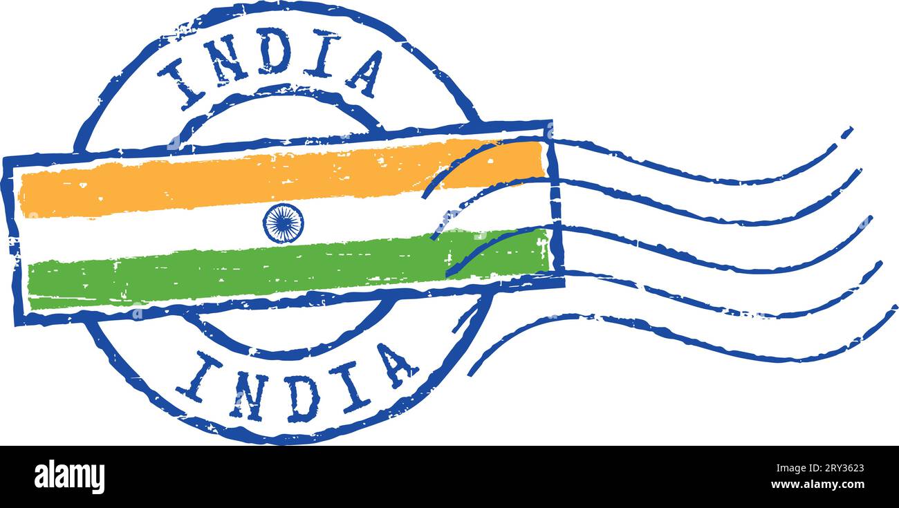 Francobollo postale "India". Bandiera indiana al centro. Illustrazione Vettoriale