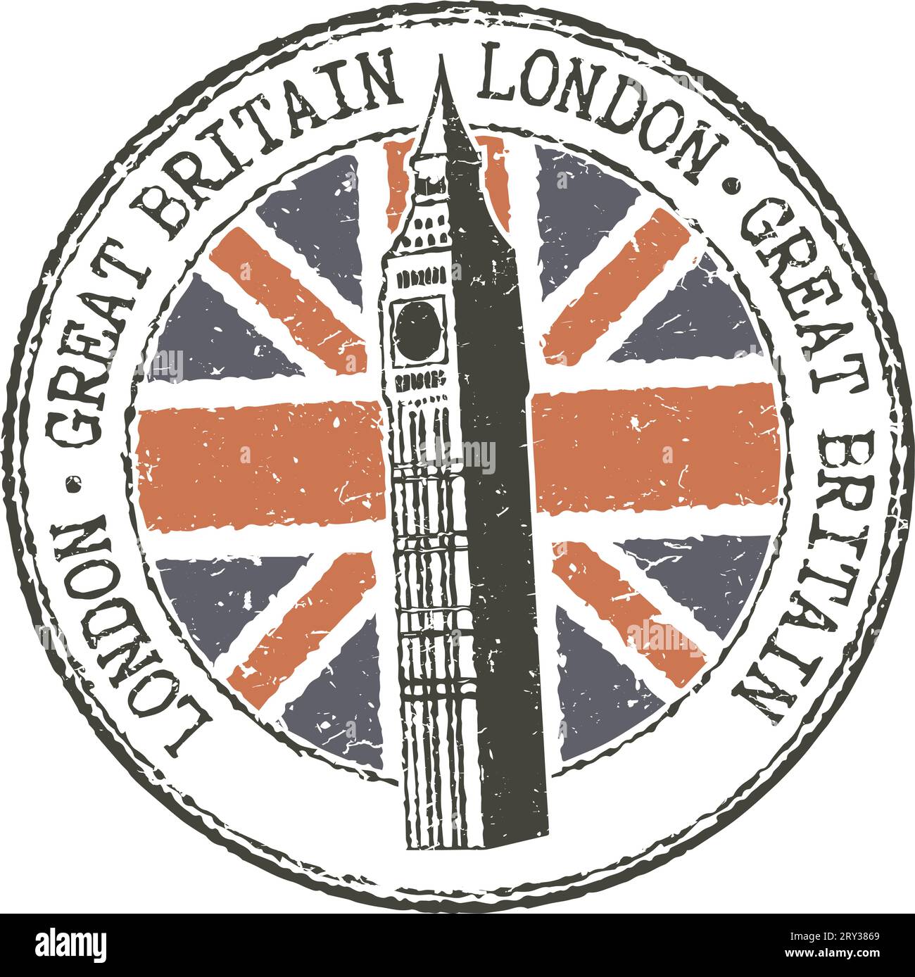 Francobollo "London-Great Britain" in gomma grunge. Torre Big Ben e bandiera britannica Illustrazione Vettoriale