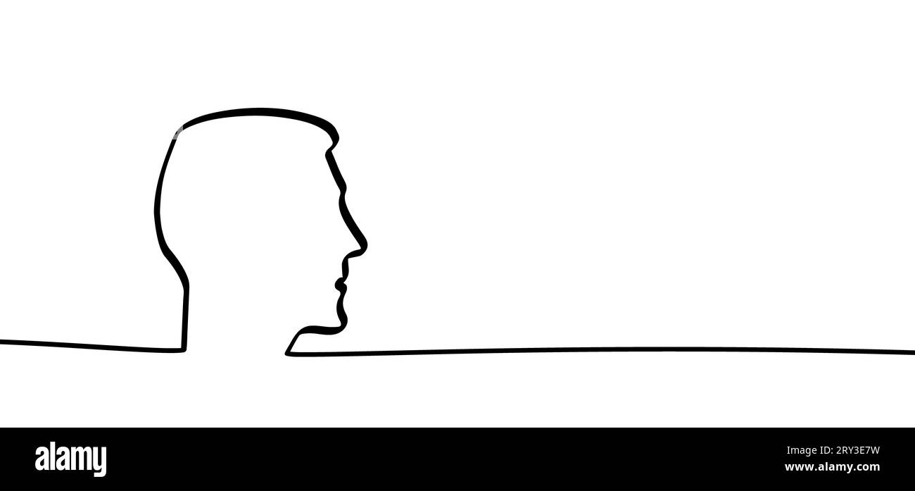 Profilo di comunicazione ritratto o fronte. disegnare linee continue man heads. Faccia maschio e telaio vuoto. Segno umano della testa di contorno. Testa maschio per brai Foto Stock
