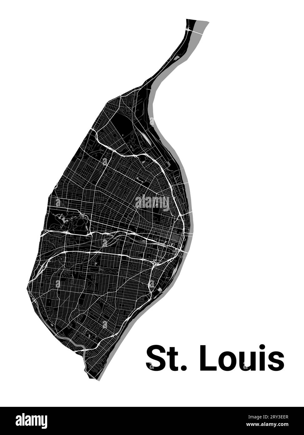 St Mappa della città di Louis, Missouri, Stati Uniti. Confini amministrativi comunali, mappa dell'area bianca e nera con fiumi e strade, parchi e ferrovie. VEC Illustrazione Vettoriale