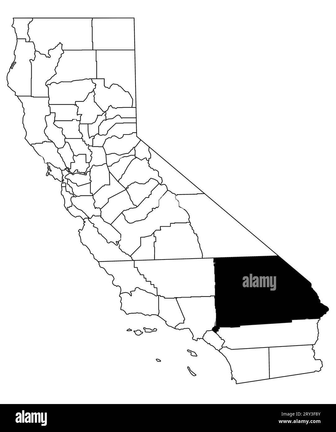 Mappa della contea di San Bernardino nello stato della California su sfondo bianco. Mappa singola della contea evidenziata in nero sulla mappa della California. STATI UNITI, Foto Stock