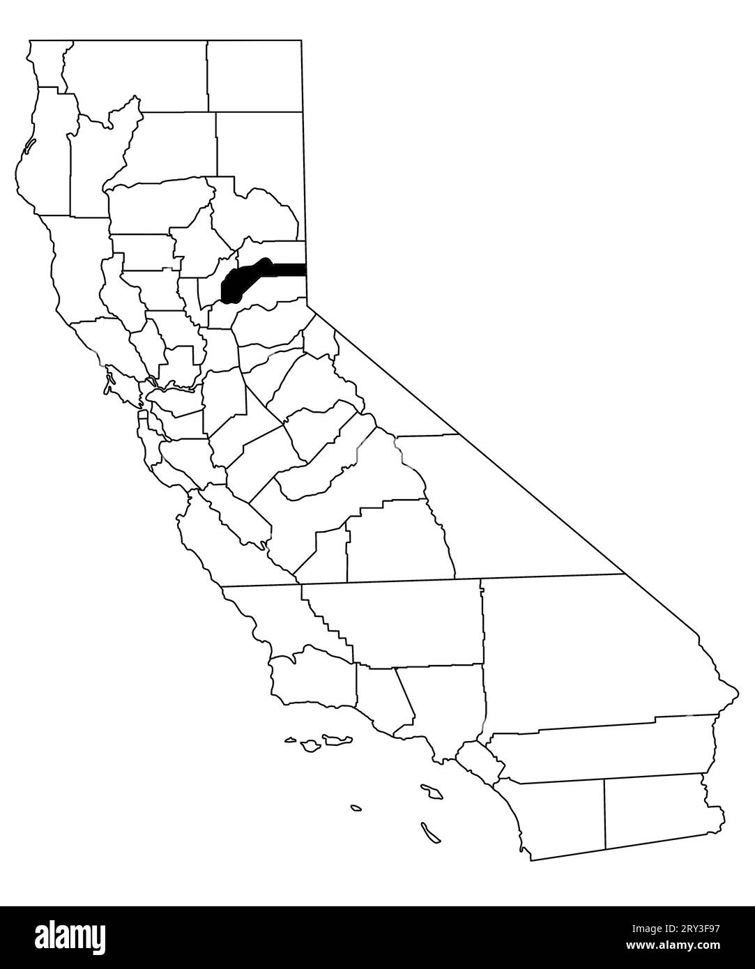 Mappa della contea di Nevada nello stato della California su sfondo bianco. Mappa singola della contea evidenziata in nero sulla mappa della California. STATI UNITI, STATI UNITI Foto Stock