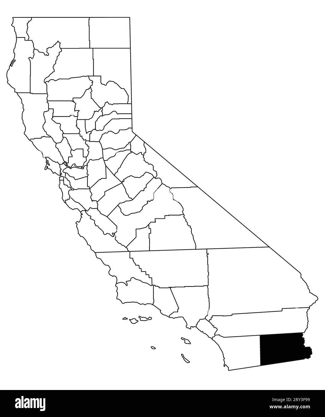 Mappa della Imperial County nello stato della California su sfondo bianco. Mappa singola della contea evidenziata in nero sulla mappa della California. STATI UNITI, STATI UNITI Foto Stock