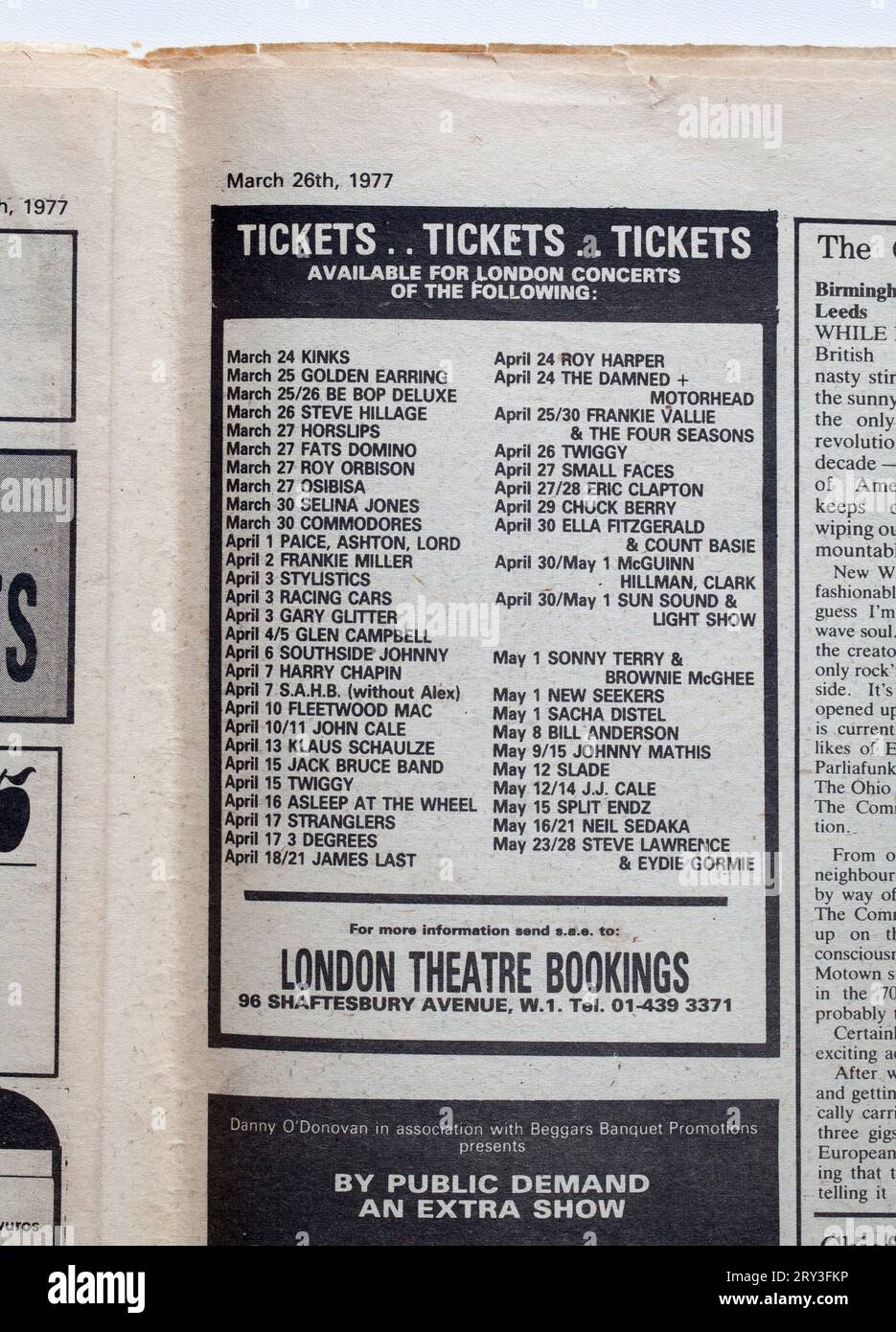 Pubblicità per i biglietti per il concerto nel numero 1970s di NME New Musical Express Music Paper Foto Stock
