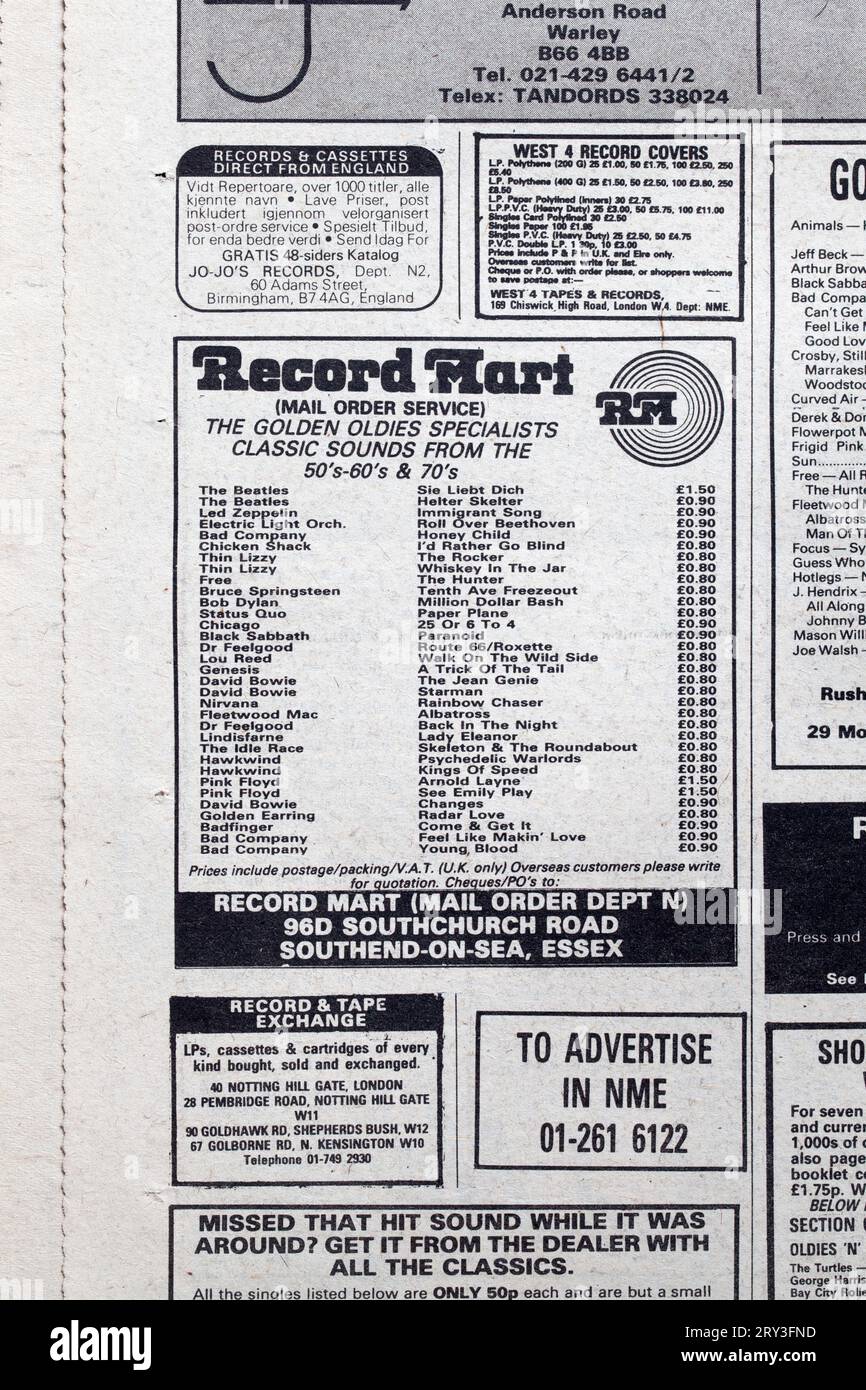 Record Mart Advert per il numero degli anni '1970 del New Musical Express Music Paper Foto Stock