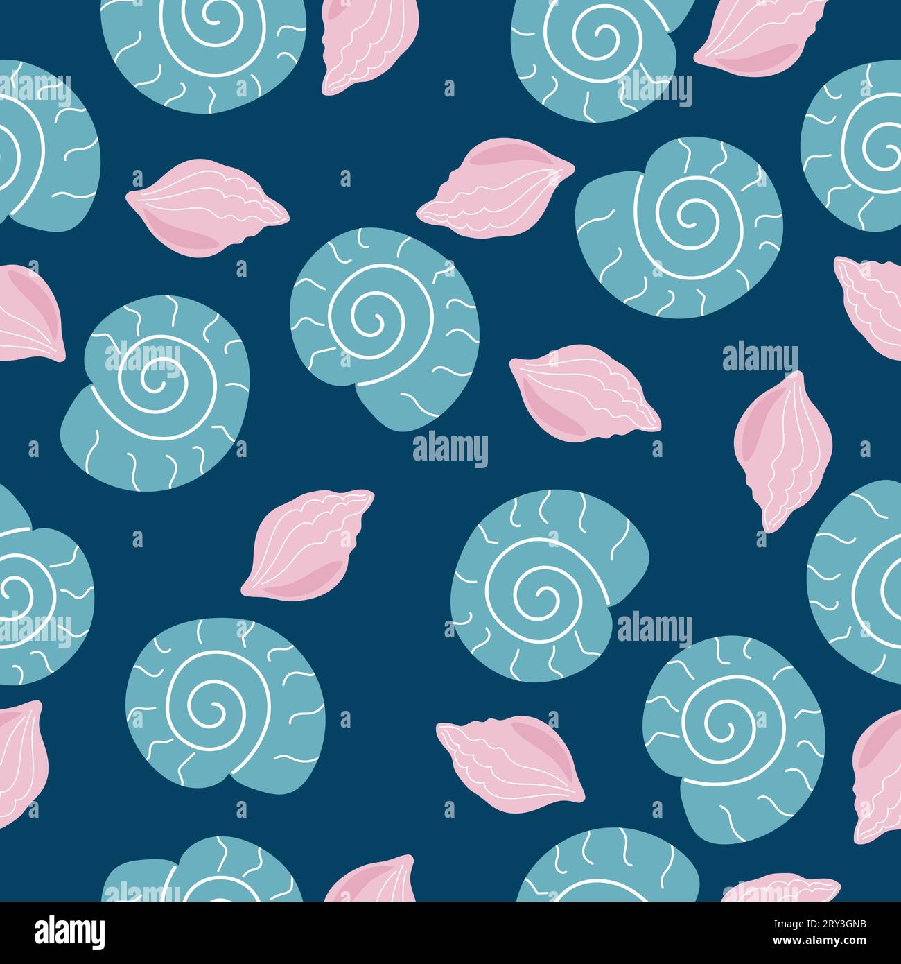 Motivo a tema oceano senza cuciture con conchiglie disegnate a mano. Illustrazione Vettoriale