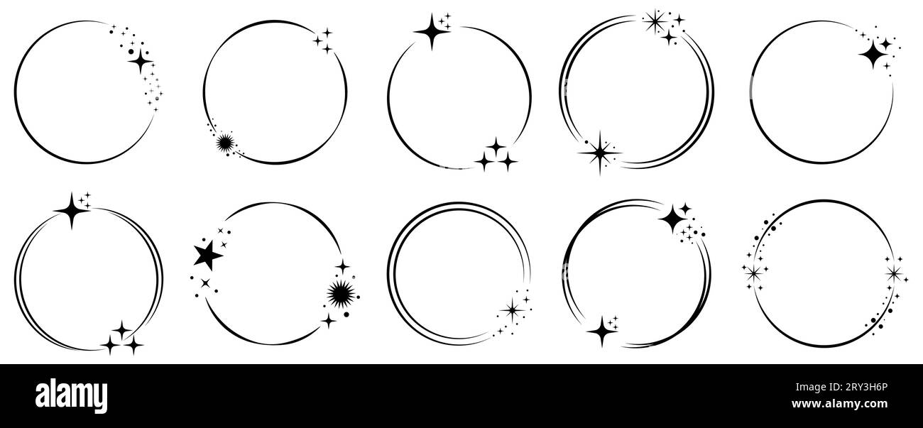 Set di cornici circolari a stella. Stelle cornici arrotondate. Illustrazione vettoriale isolata su sfondo bianco Illustrazione Vettoriale