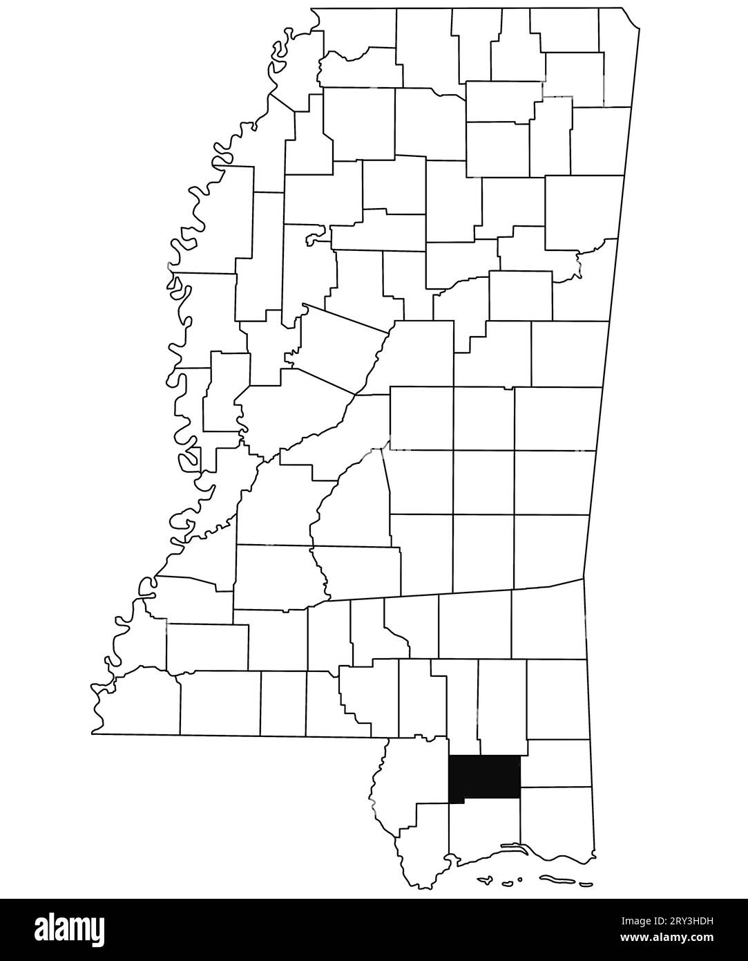 Mappa della contea di Stone nello stato del Mississippi su sfondo bianco. Mappa singola della contea evidenziata in nero sulla mappa del Mississippi. Stati Uniti d'America Foto Stock