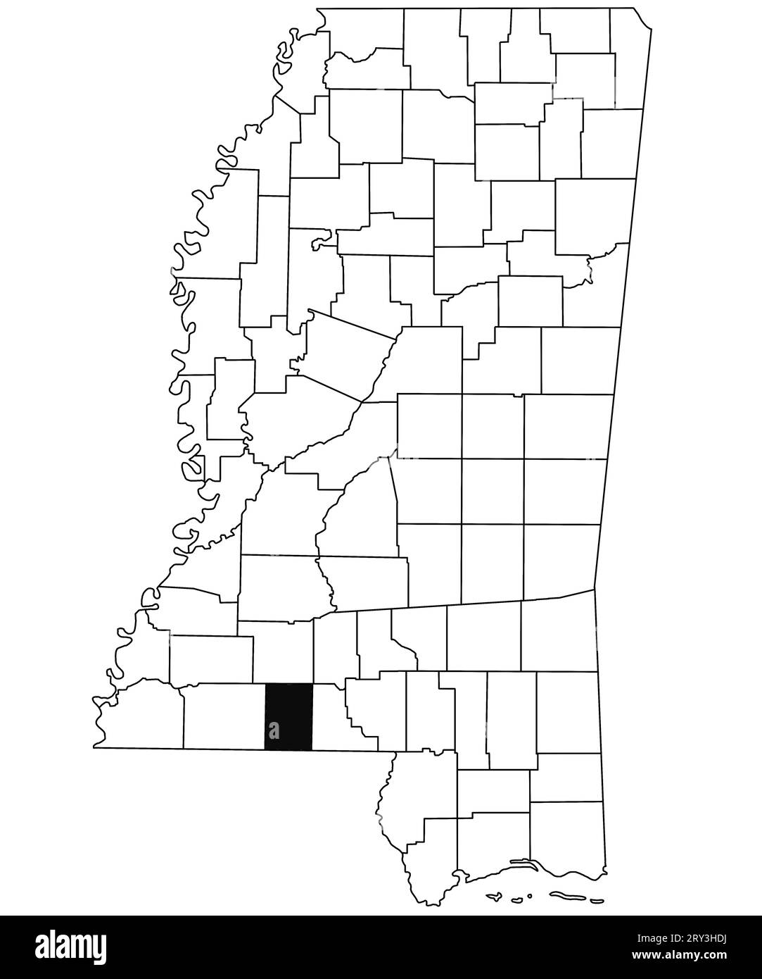 Mappa della contea di Pike nello stato del Mississippi su sfondo bianco. Mappa singola della contea evidenziata in nero sulla mappa del Mississippi. Stati Uniti d'America Foto Stock