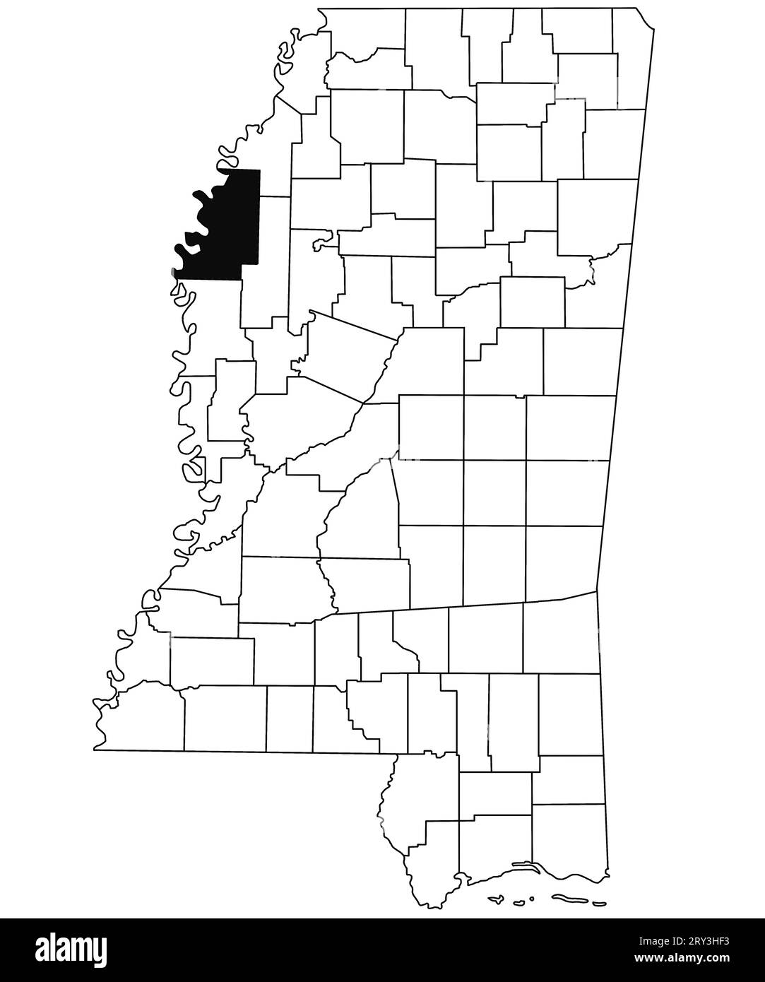 Mappa della contea di Bolivar nello stato del Mississippi su sfondo bianco. Mappa singola della contea evidenziata in nero sulla mappa del Mississippi. Stati Uniti d'America Foto Stock