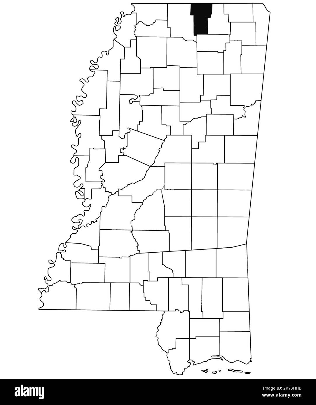 Mappa della contea di Benton nello stato del Mississippi su sfondo bianco. Mappa singola della contea evidenziata in nero sulla mappa del Mississippi. Stati Uniti d'Amer Foto Stock