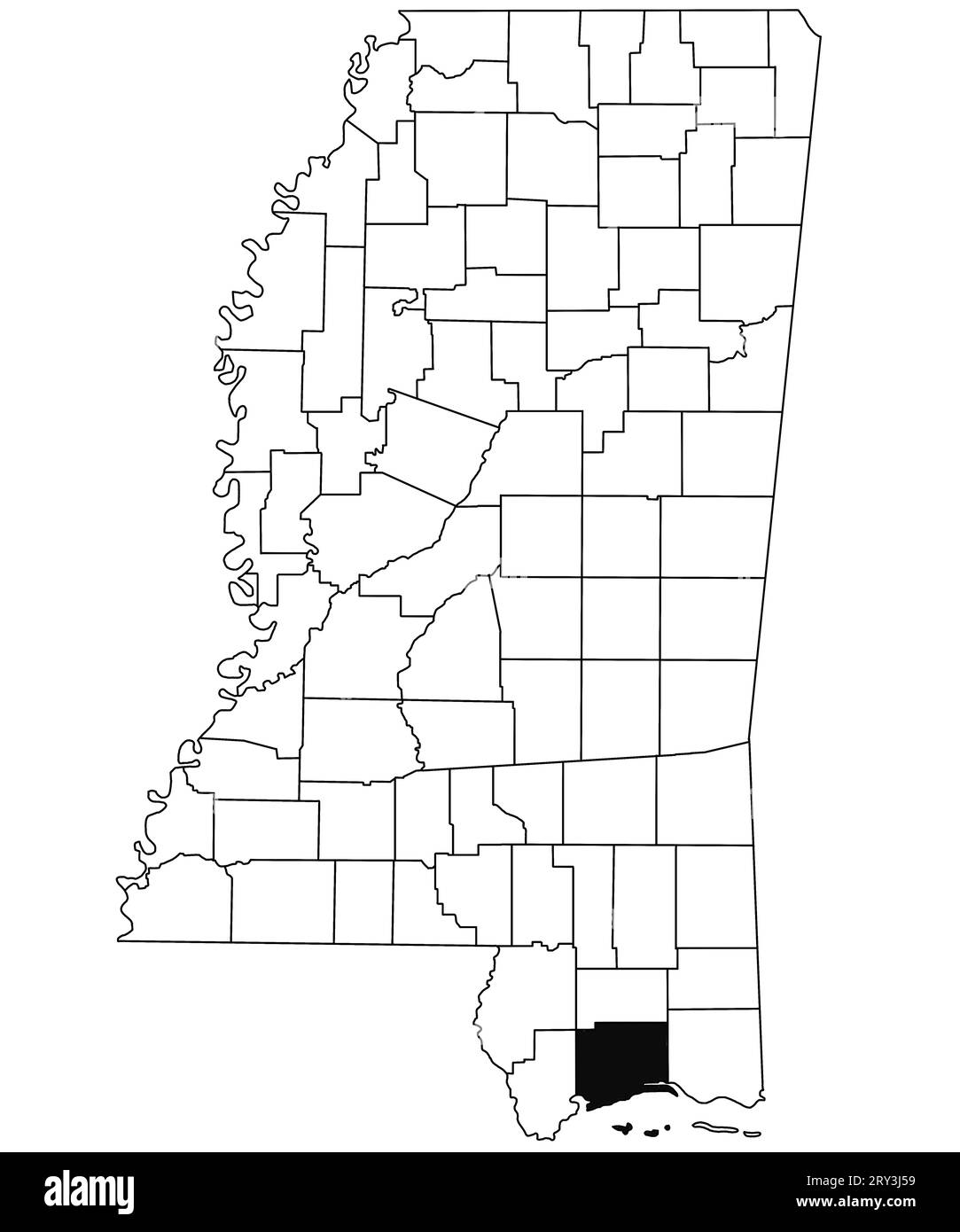 Mappa della contea di Harrison nello stato del Mississippi su sfondo bianco. Mappa singola della contea evidenziata in nero sulla mappa del Mississippi. Stati Uniti d'AM Foto Stock