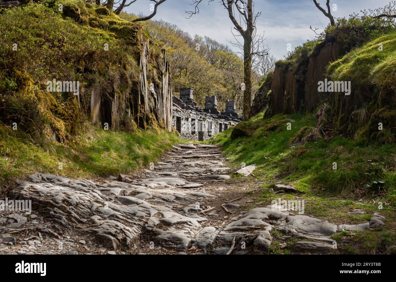 Un percorso per Anglesey Barracks, Dinorwig Slate Quarry in Eryry (Snowdonia), Galles, Regno Unito. La cava di Dinorwig fa parte di un sito patrimonio dell'umanità dell'UNESCO. Foto Stock