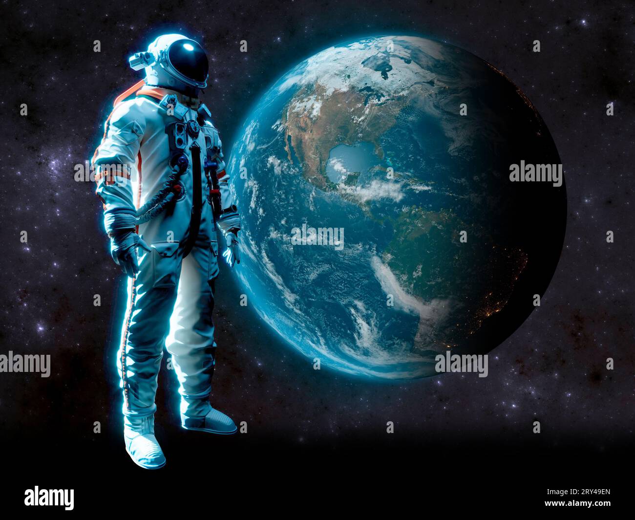 Cosmonauta in tuta spaziale con sfondo stelle, rendering 3D. Esplorazioni spaziali, scoperte, nuove sfide Foto Stock