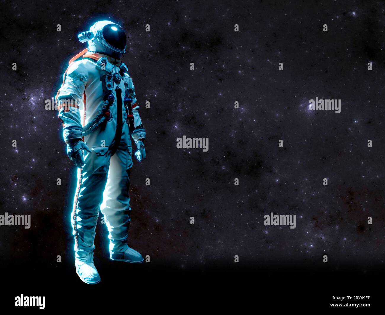 Cosmonauta in tuta spaziale con sfondo stelle, rendering 3D. Esplorazioni spaziali, scoperte, nuove sfide Foto Stock
