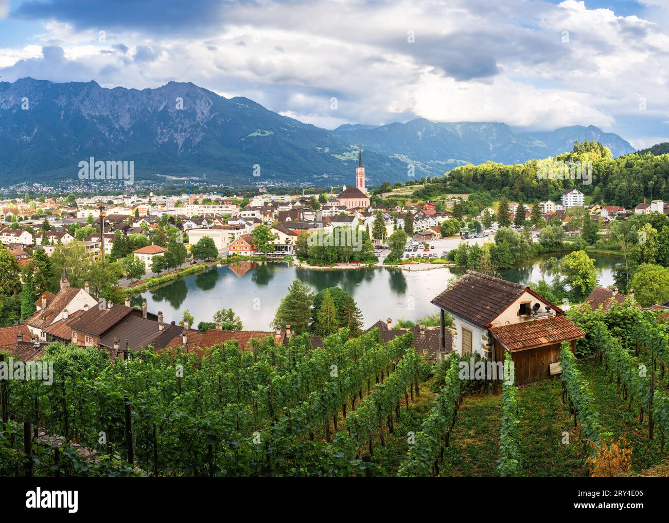 Il vigneto di Werdenberg, la più piccola città della Svizzera e il paesaggio urbano di Buchs. Foto Stock