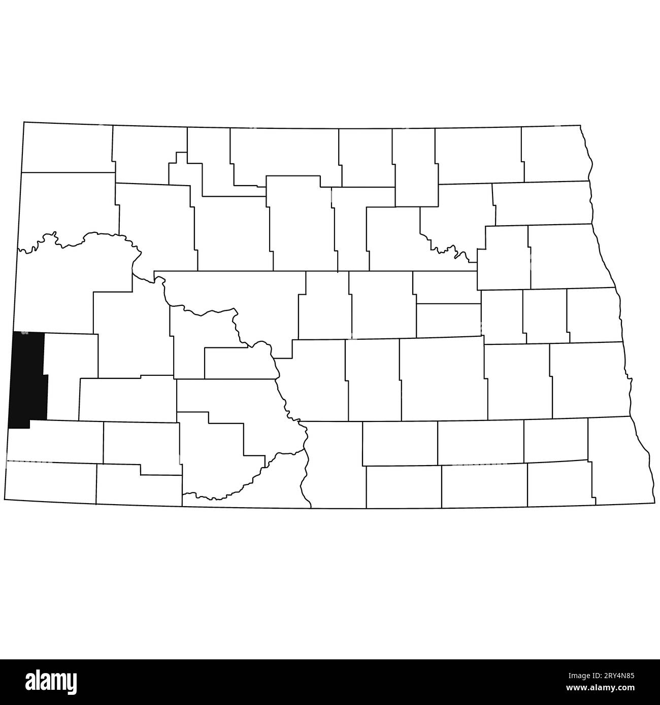 Mappa della Golden Valley County nello stato del North Dakota su sfondo bianco. Mappa singola della contea evidenziata dal colore nero sulla mappa del North Dakota . Foto Stock