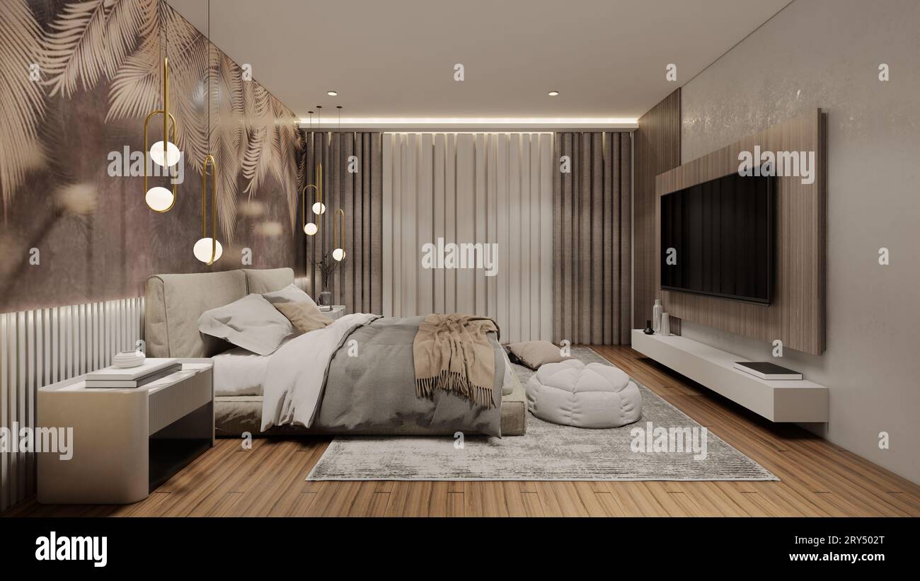 Moderna camera da letto di lusso con rendering .3d. Foto Stock