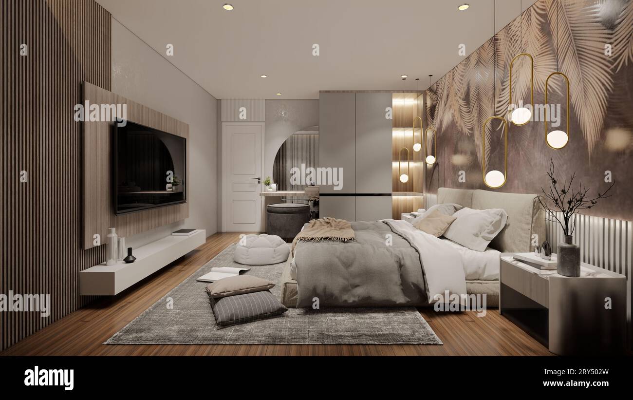 Moderna camera da letto di lusso con rendering .3d. Foto Stock