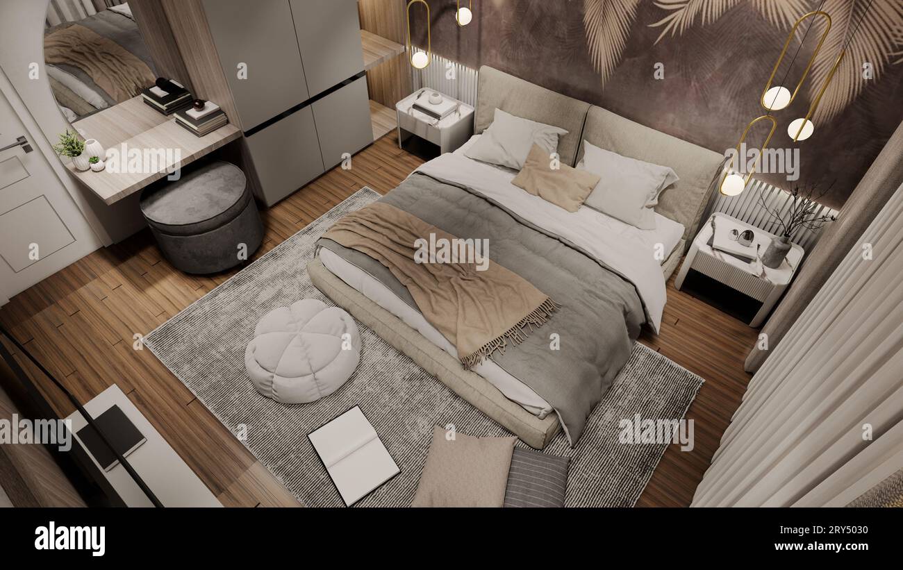 Moderna camera da letto di lusso con rendering .3d. Foto Stock