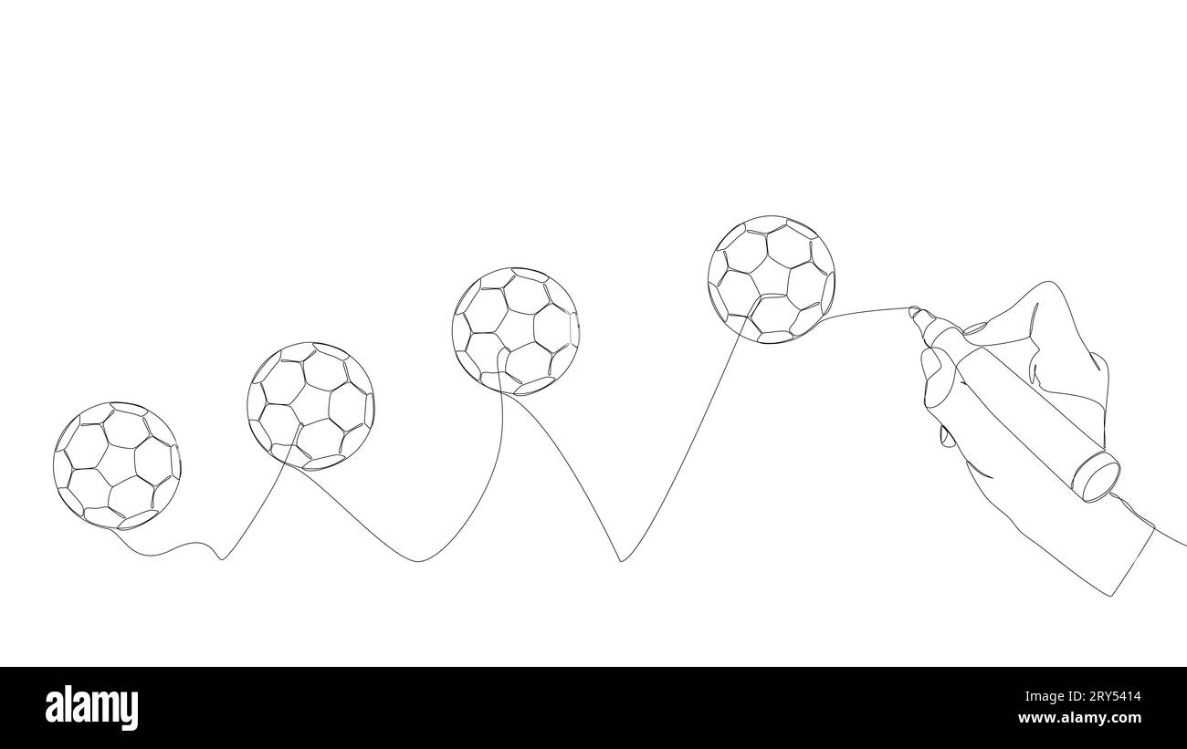 Una linea continua di pallone da calcio disegnata con un pennarello. Concetto vettoriale illustrazione a linee sottili. Idee creative per disegnare contorni. Illustrazione Vettoriale