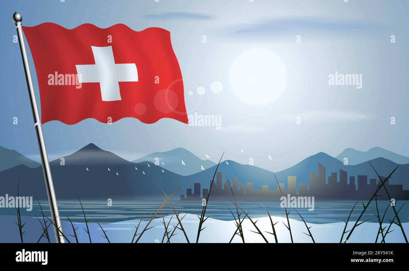 Bandiera della Svizzera con sfondo soleggiato di montagne e laghi Illustrazione Vettoriale