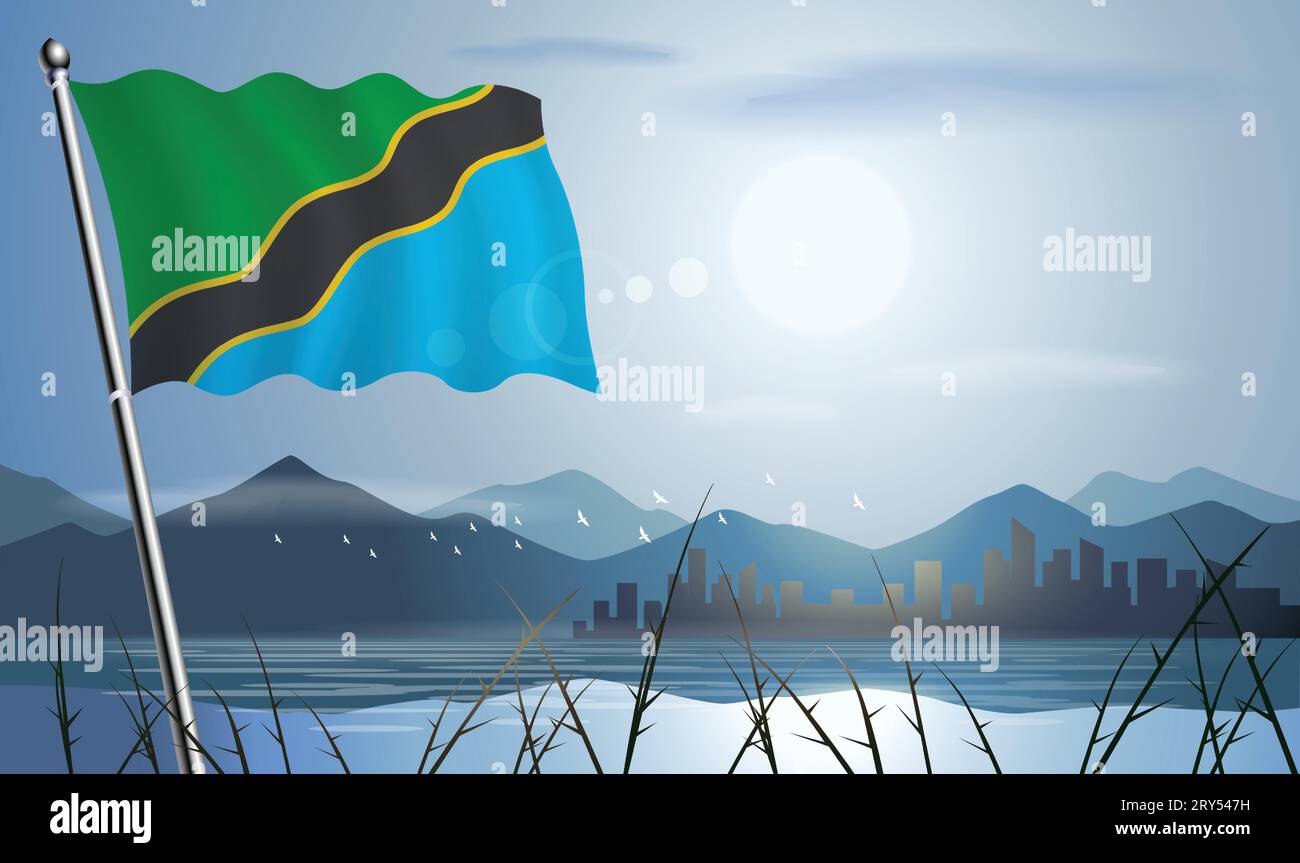 Bandiera della Tanzania con sfondo solare di montagne e laghi Illustrazione Vettoriale
