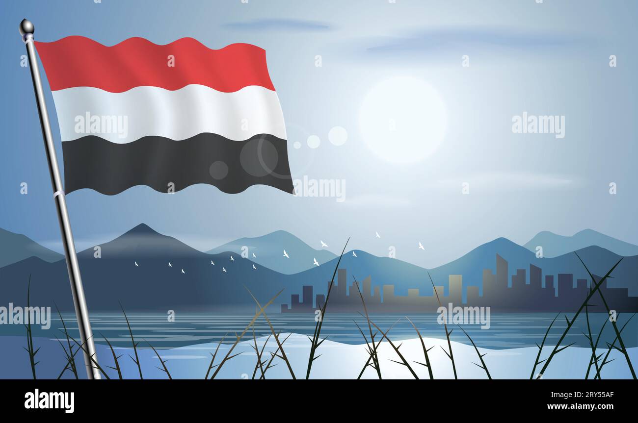 Bandiera dello Yemen con sfondo solare di montagne e laghi Illustrazione Vettoriale