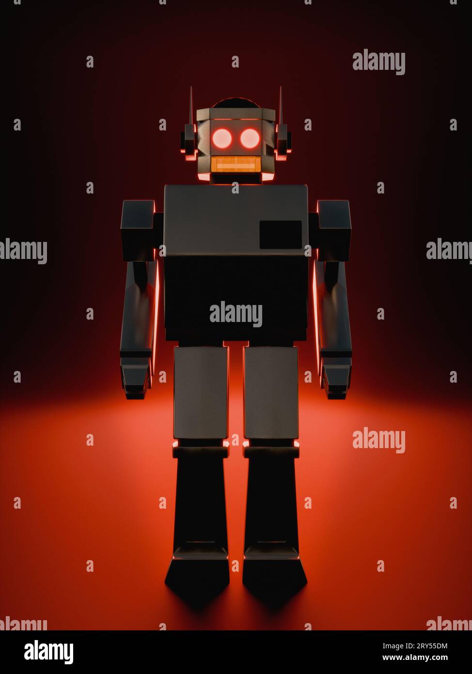 Robot metallizzato malvagio su sfondo rosso, intelligenza artificiale retrò anni '60 - robot metálico malvado en fondo rojo, inteligencia artificiale retrò 60 S. Foto Stock