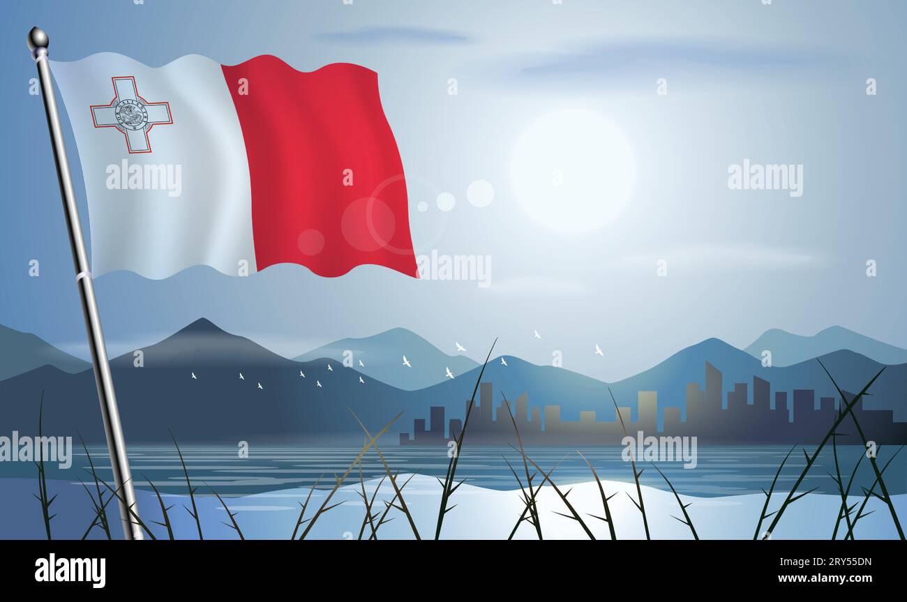 Bandiera di Malta con sfondo soleggiato di montagne e laghi Illustrazione Vettoriale