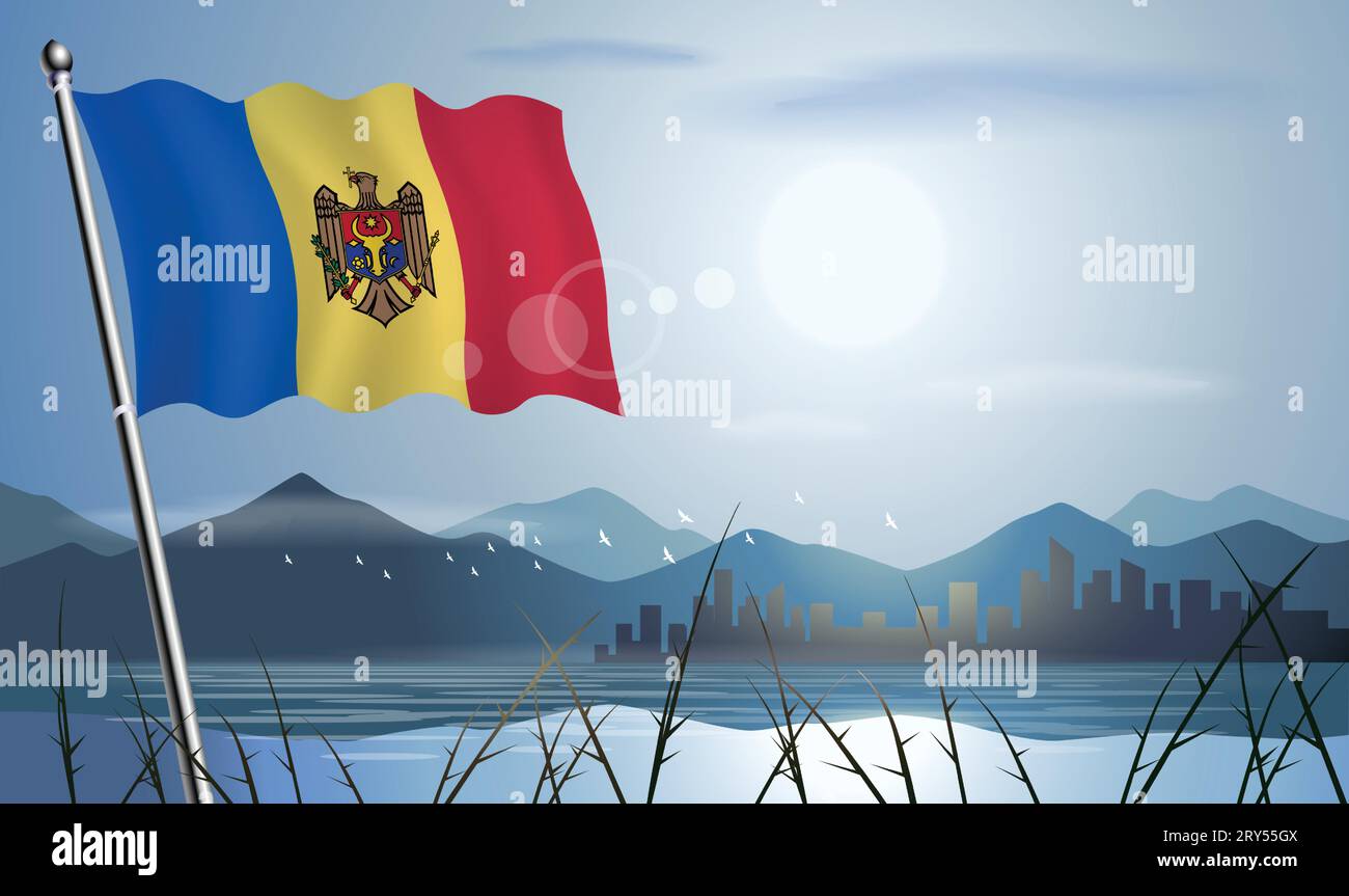 Bandiera della Moldavia con sfondo soleggiato di montagne e laghi Illustrazione Vettoriale