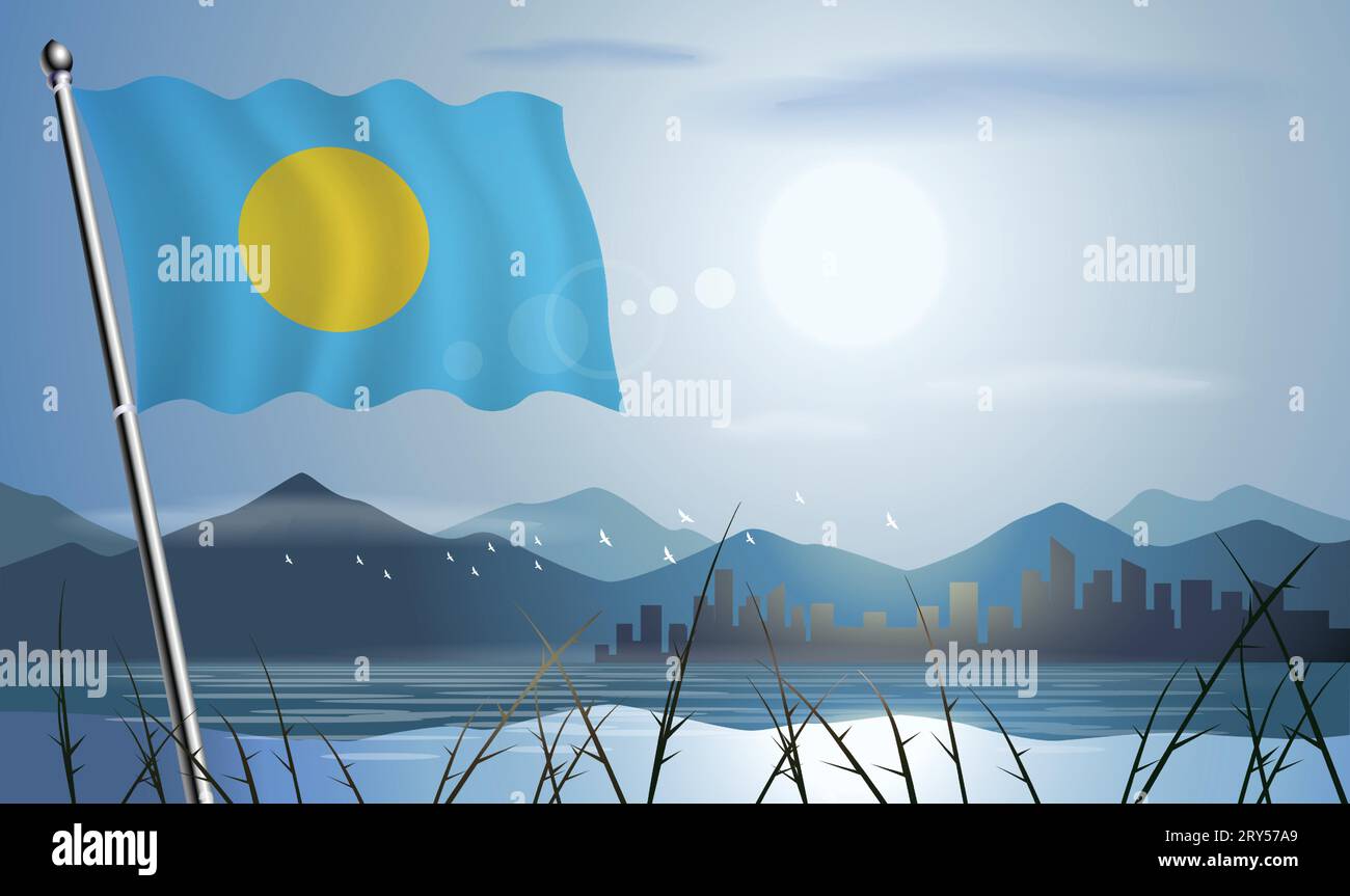 Bandiera Palau con sfondo solare di montagne e laghi Illustrazione Vettoriale