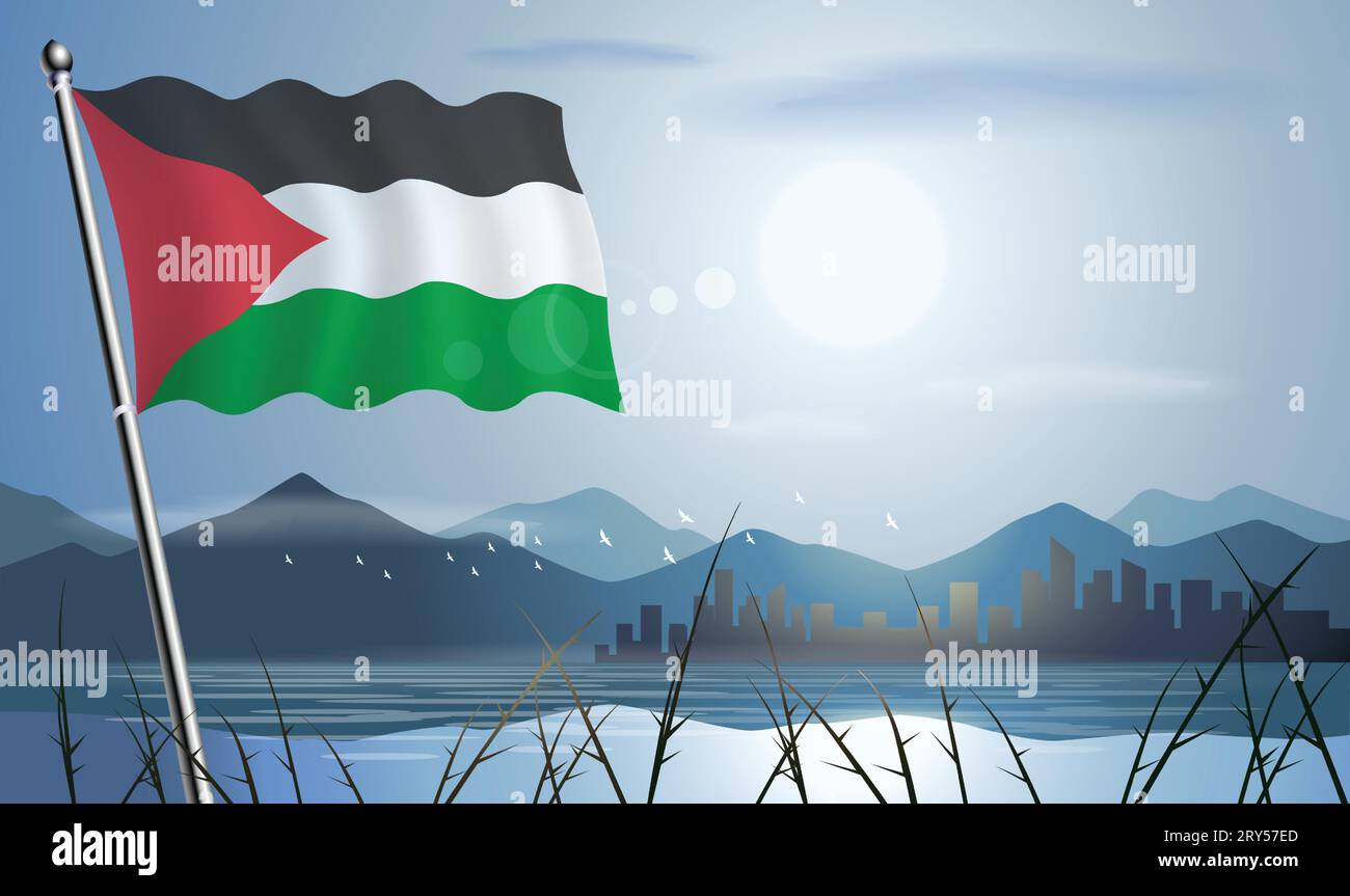 Bandiera della Palestina con sfondo solare di montagne e laghi Illustrazione Vettoriale