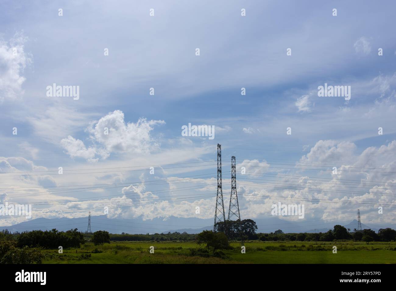 Palo ad alta tensione e fattoria tailandese Foto Stock