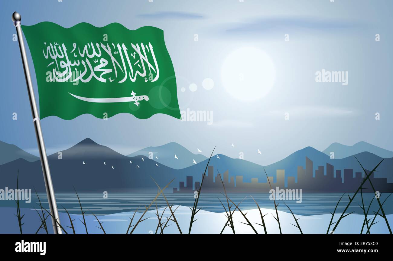 Bandiera dell'Arabia Saudita con sfondo soleggiato di montagne e laghi Illustrazione Vettoriale